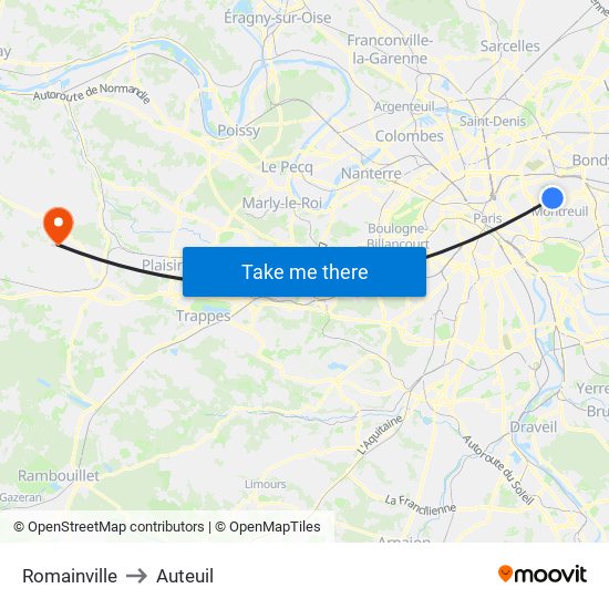 Romainville to Auteuil map