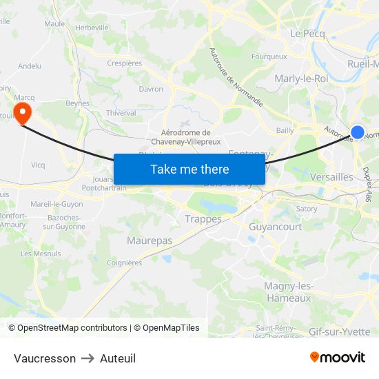 Vaucresson to Auteuil map