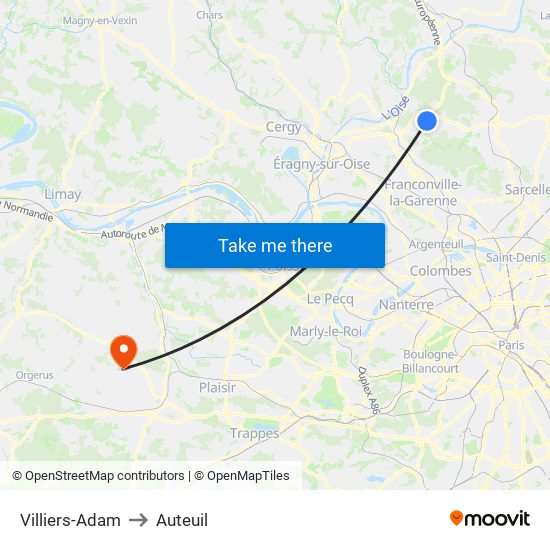 Villiers-Adam to Auteuil map