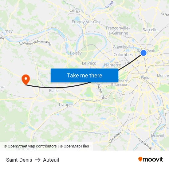 Saint-Denis to Auteuil map