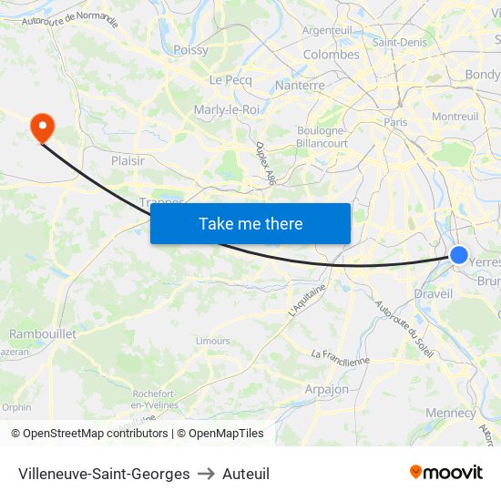 Villeneuve-Saint-Georges to Auteuil map