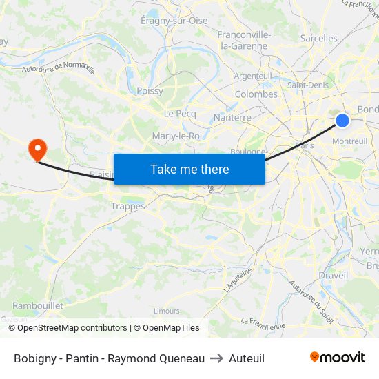 Bobigny - Pantin - Raymond Queneau to Auteuil map