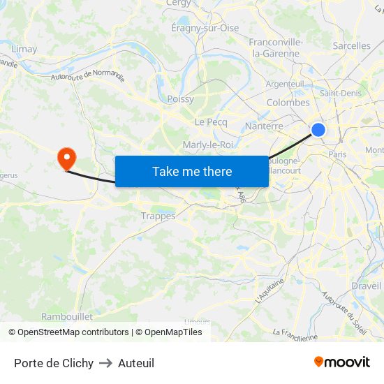 Porte de Clichy to Auteuil map