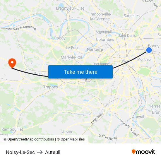 Noisy-Le-Sec to Auteuil map