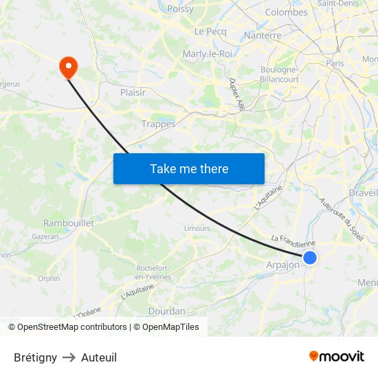 Brétigny to Auteuil map