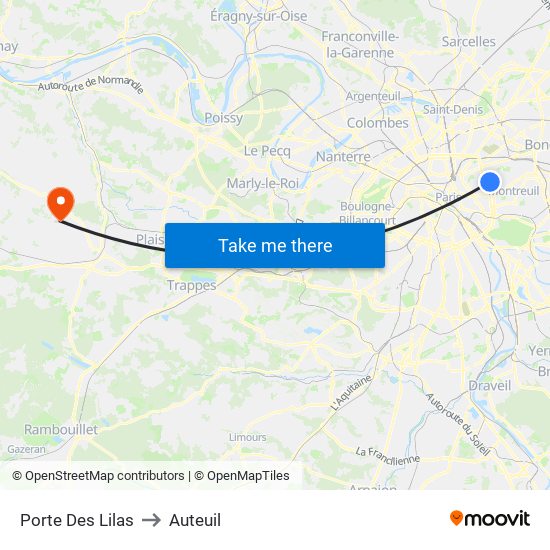 Porte Des Lilas to Auteuil map