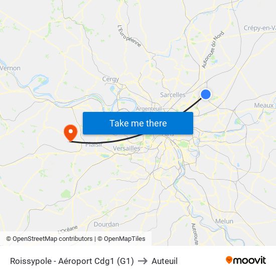 Roissypole - Aéroport Cdg1 (G1) to Auteuil map