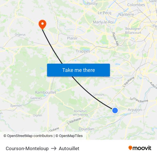 Courson-Monteloup to Autouillet map