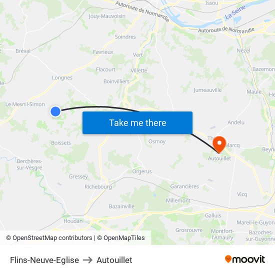 Flins-Neuve-Eglise to Autouillet map