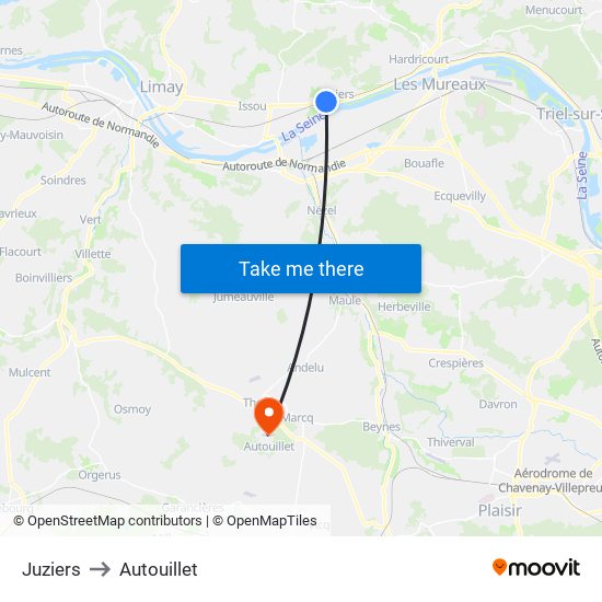 Juziers to Autouillet map