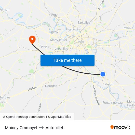 Moissy-Cramayel to Autouillet map
