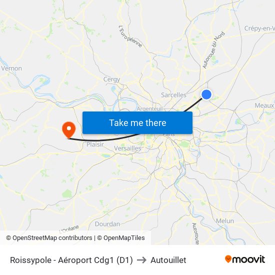 Roissypole - Aéroport Cdg1 (D1) to Autouillet map