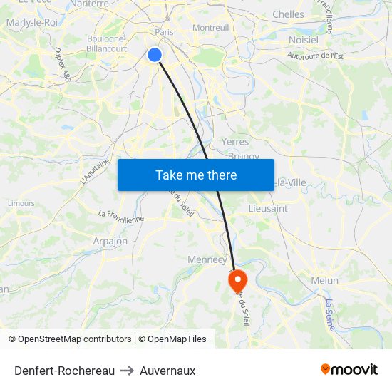 Denfert-Rochereau to Auvernaux map