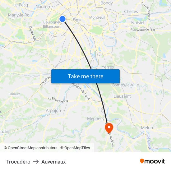 Trocadéro to Auvernaux map