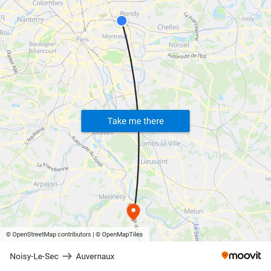 Noisy-Le-Sec to Auvernaux map