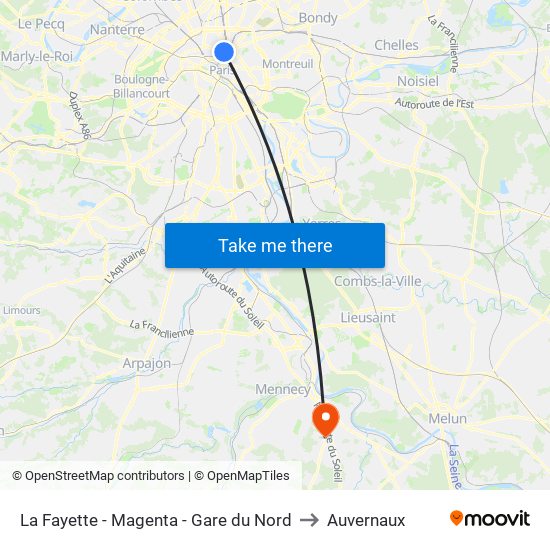 La Fayette - Magenta - Gare du Nord to Auvernaux map