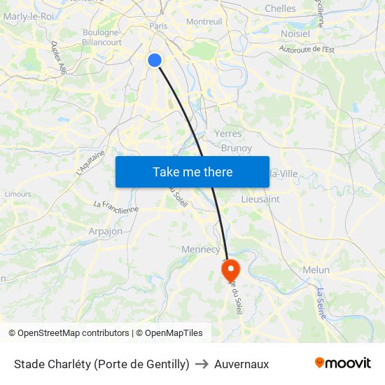 Stade Charléty (Porte de Gentilly) to Auvernaux map