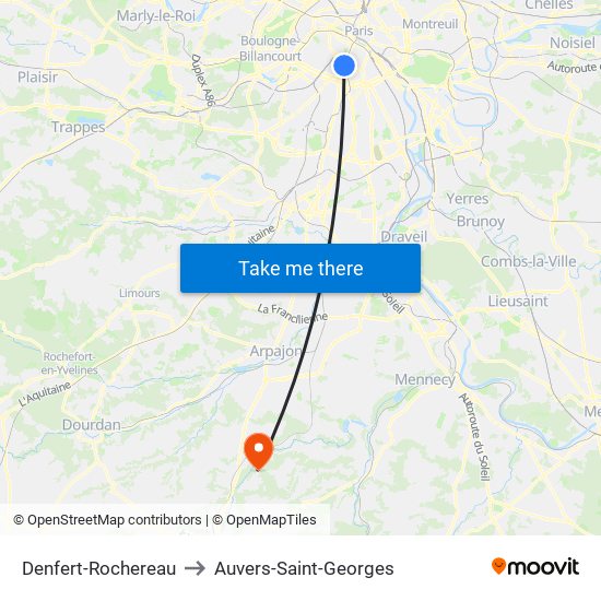 Denfert-Rochereau to Auvers-Saint-Georges map