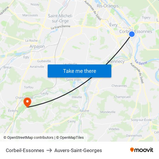 Corbeil-Essonnes to Auvers-Saint-Georges map