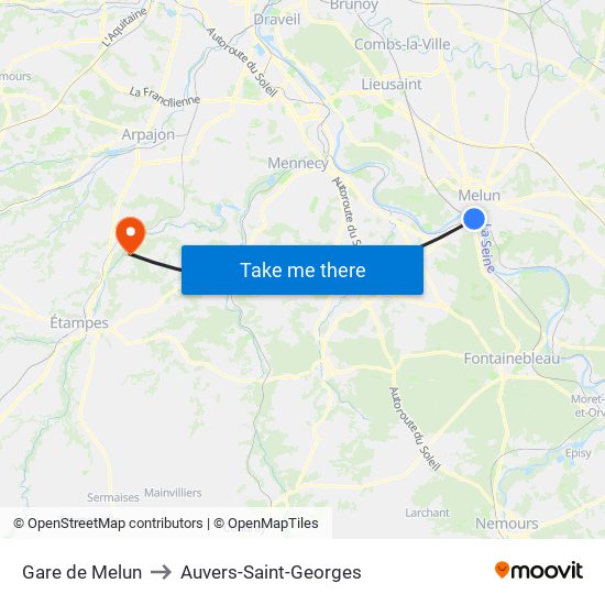 Gare de Melun to Auvers-Saint-Georges map
