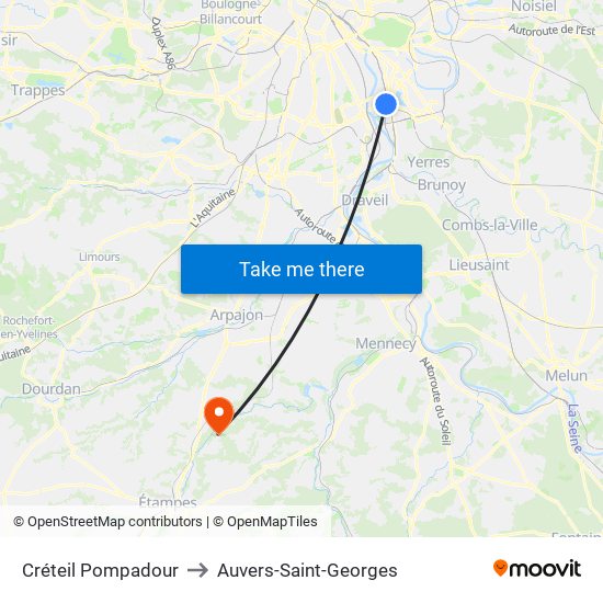 Créteil Pompadour to Auvers-Saint-Georges map