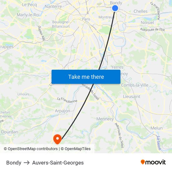 Bondy to Auvers-Saint-Georges map