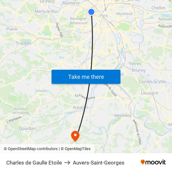 Charles de Gaulle Etoile to Auvers-Saint-Georges map