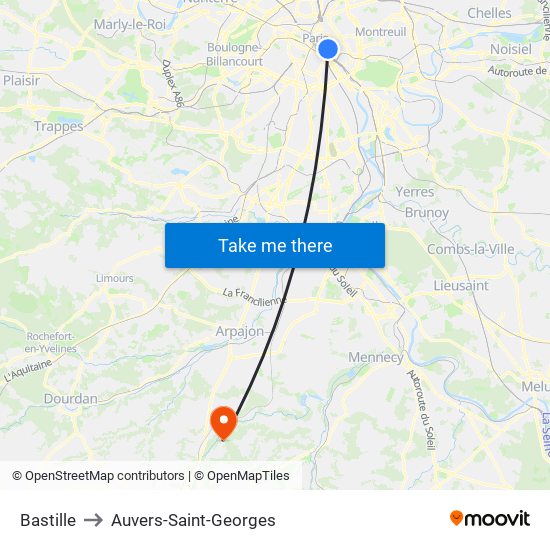Bastille to Auvers-Saint-Georges map