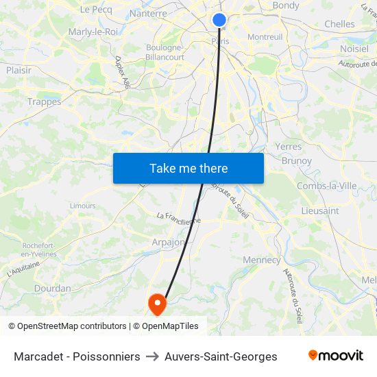 Marcadet - Poissonniers to Auvers-Saint-Georges map