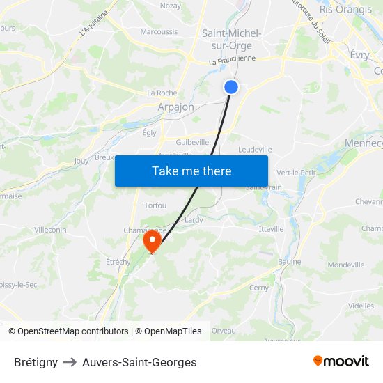Brétigny to Auvers-Saint-Georges map
