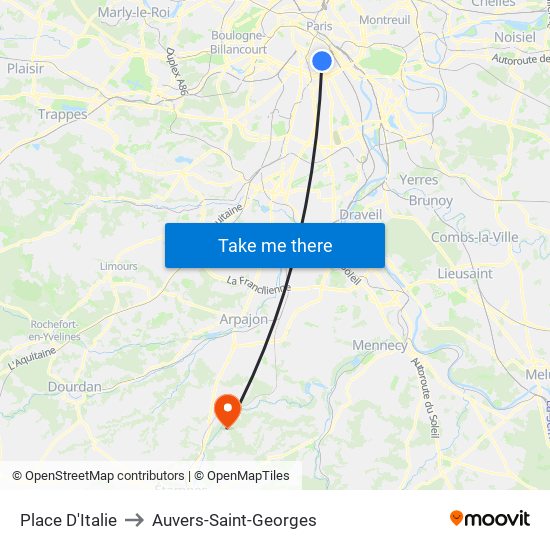 Place D'Italie to Auvers-Saint-Georges map