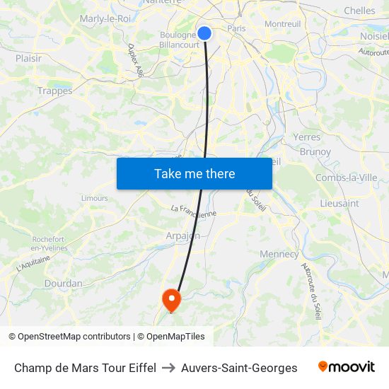 Champ de Mars Tour Eiffel to Auvers-Saint-Georges map