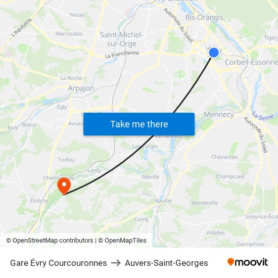 Gare Évry Courcouronnes to Auvers-Saint-Georges map