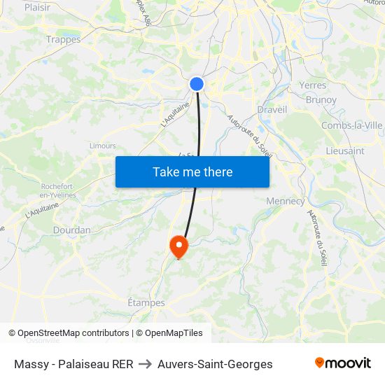 Massy - Palaiseau RER to Auvers-Saint-Georges map