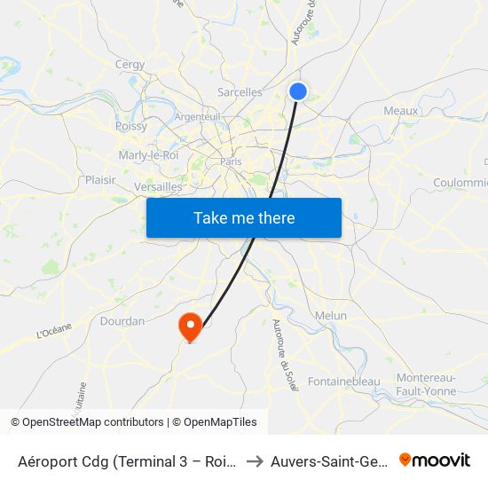 Aéroport Cdg (Terminal 3 – Roissypôle) to Auvers-Saint-Georges map