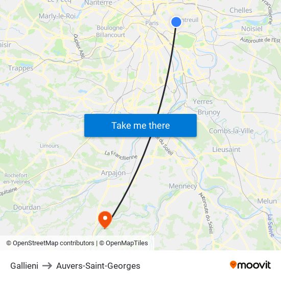 Gallieni to Auvers-Saint-Georges map