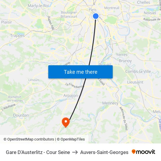 Gare D'Austerlitz - Cour Seine to Auvers-Saint-Georges map