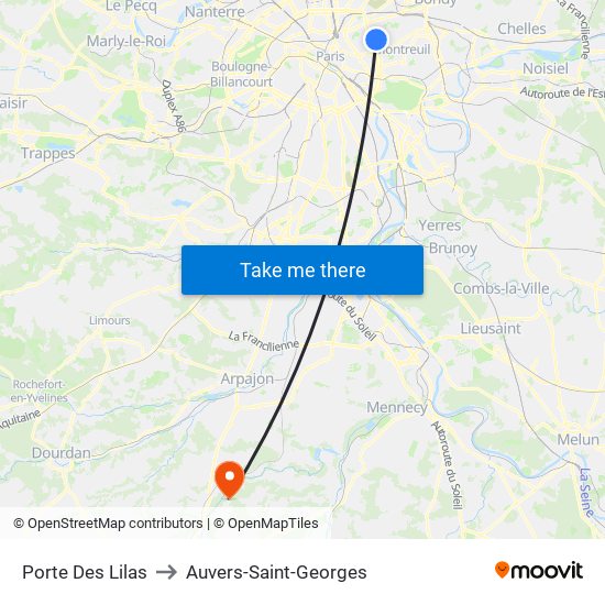 Porte Des Lilas to Auvers-Saint-Georges map