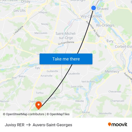 Juvisy RER to Auvers-Saint-Georges map