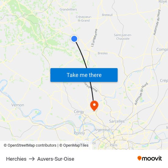Herchies to Auvers-Sur-Oise map