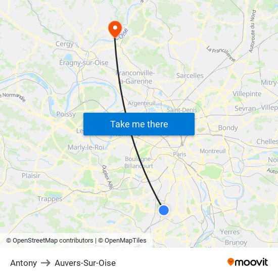 Antony to Auvers-Sur-Oise map