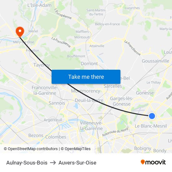 Aulnay-Sous-Bois to Auvers-Sur-Oise map