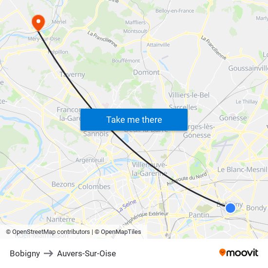 Bobigny to Auvers-Sur-Oise map