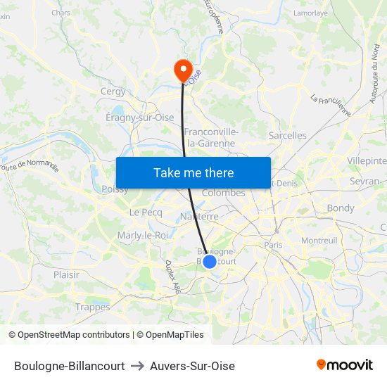 Boulogne-Billancourt to Auvers-Sur-Oise map