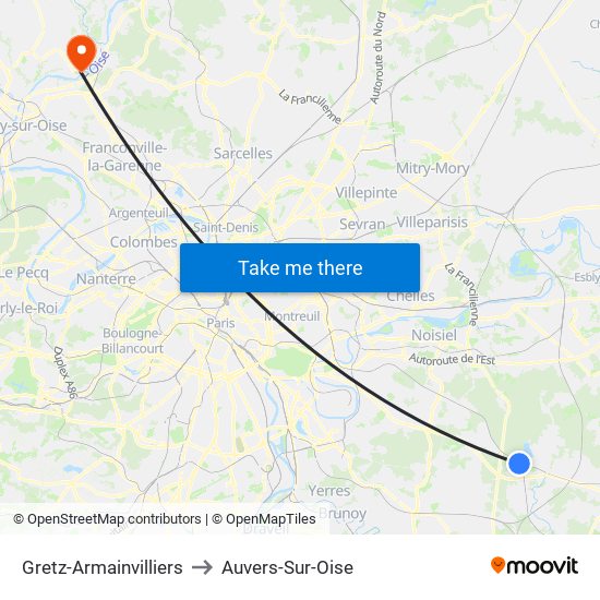 Gretz-Armainvilliers to Auvers-Sur-Oise map