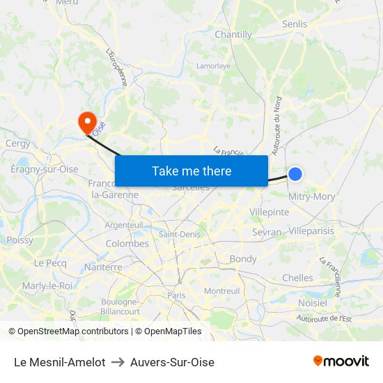 Le Mesnil-Amelot to Auvers-Sur-Oise map