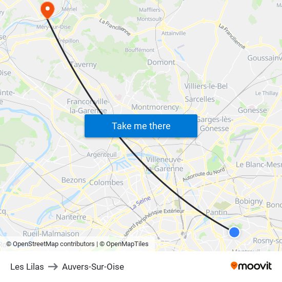 Les Lilas to Auvers-Sur-Oise map
