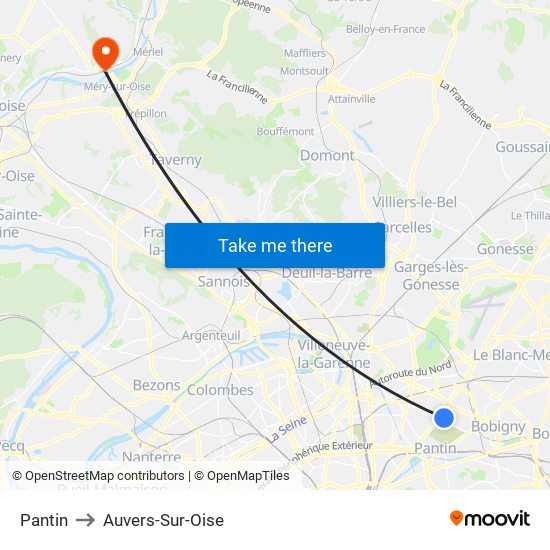 Pantin to Auvers-Sur-Oise map
