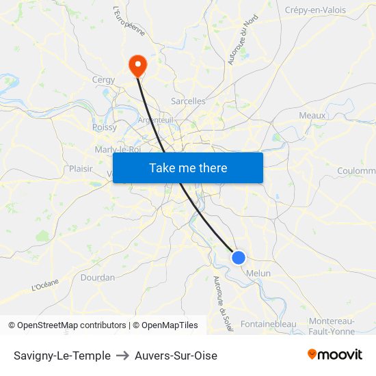 Savigny-Le-Temple to Auvers-Sur-Oise map