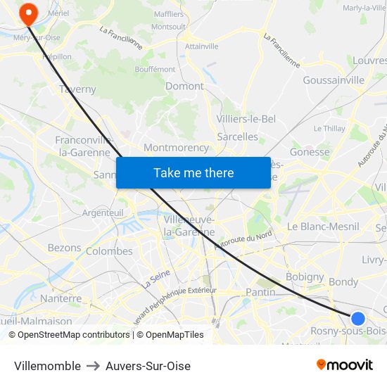 Villemomble to Auvers-Sur-Oise map